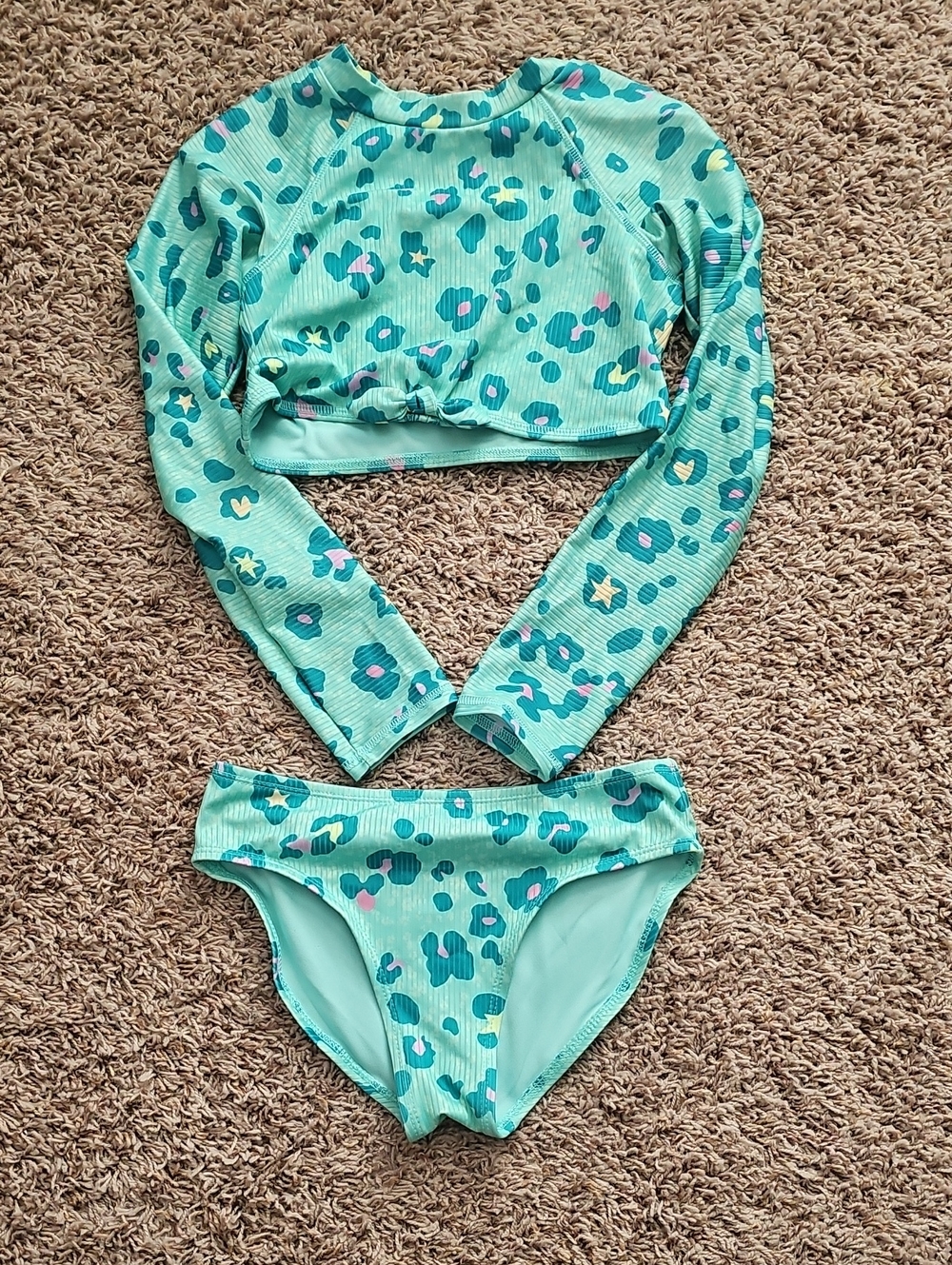 Kids Long Sleeve Rash Guard Bikini Set - Aqua Leopard Print